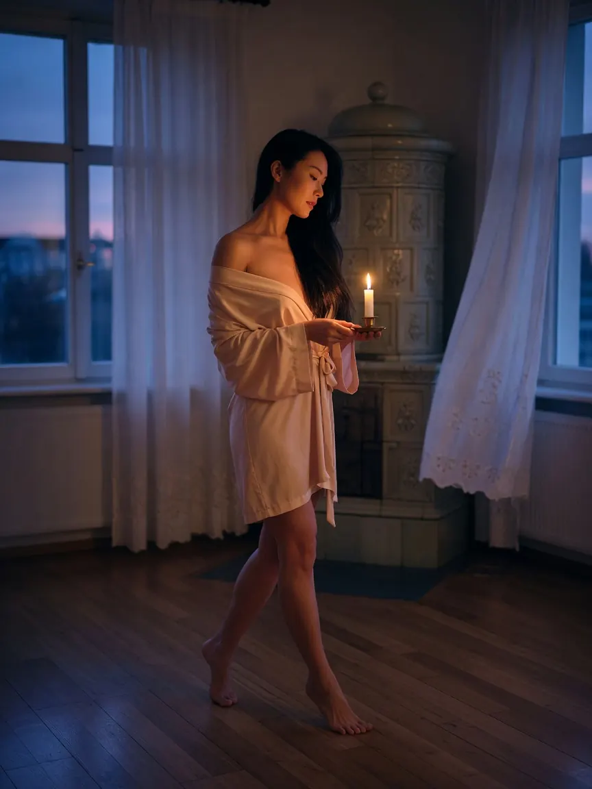Silk robe and low lamplight in a studio offering nuru massage Munich