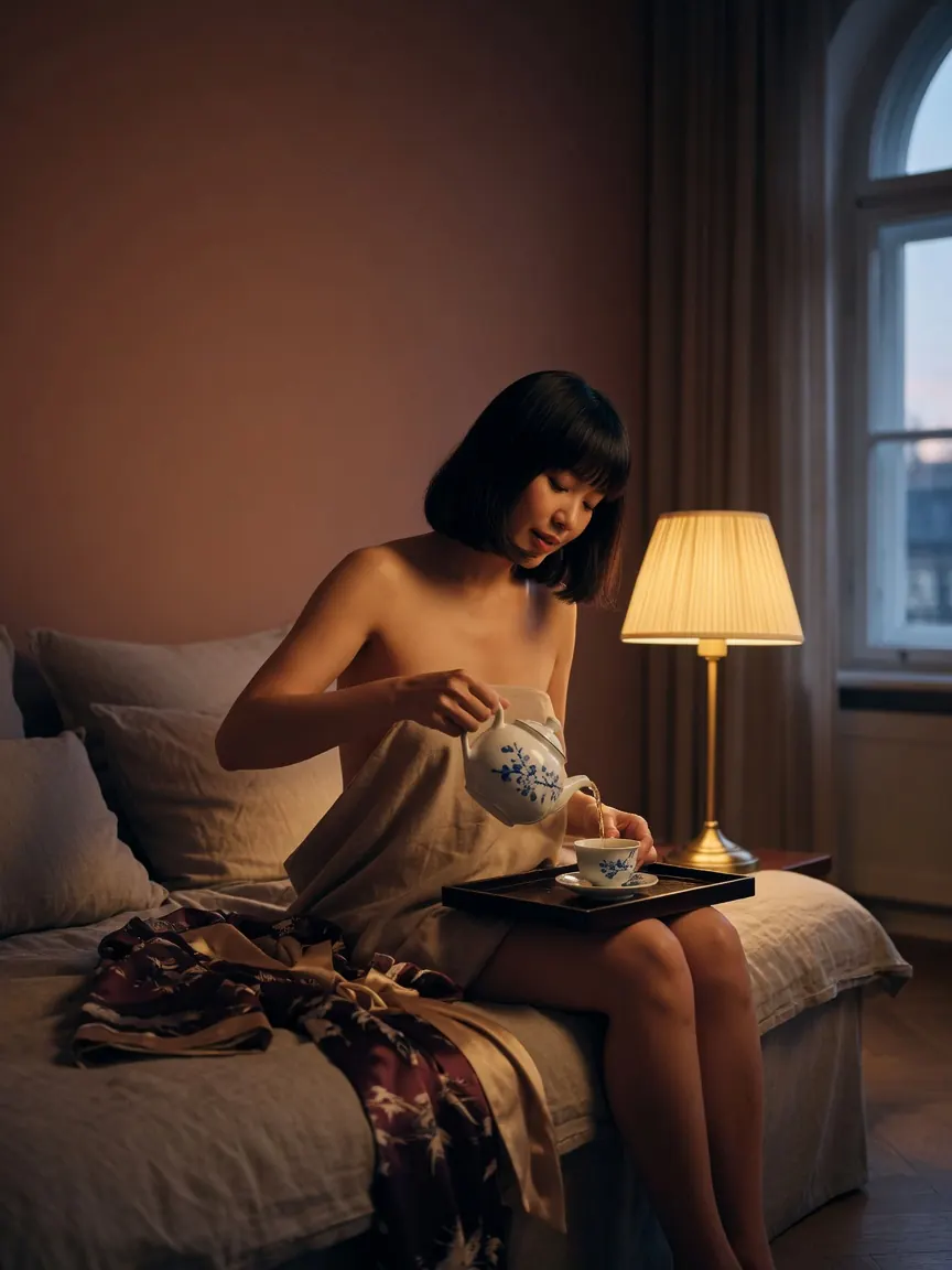 sex massage Munich: a therapist's room lit by candles, towels folded on a teak tray