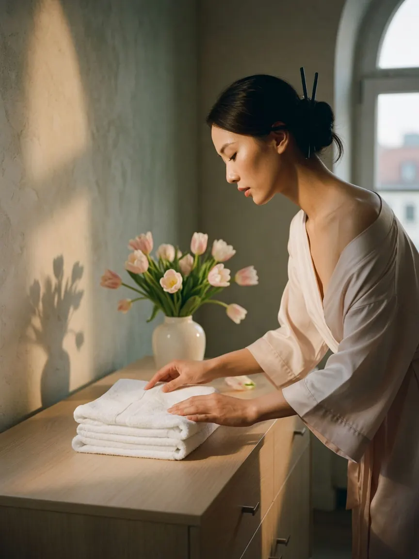 Silk robe and low lamplight in a studio offering tantra massage Munich